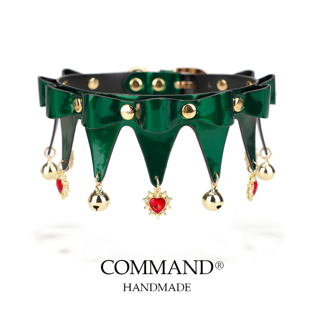 Christmas Emerald Jester Choker Green Leather with Red Heart Charms