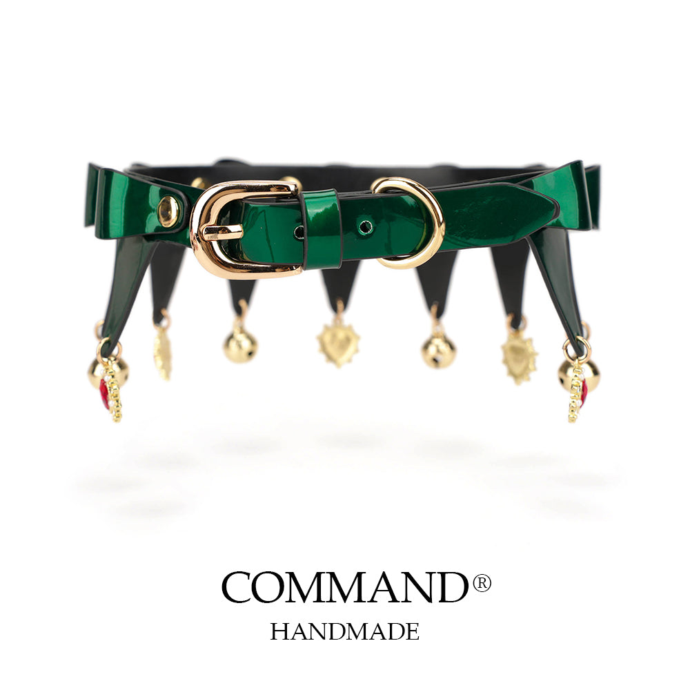 Christmas Emerald Jester Choker Green Leather with Red Heart Charms