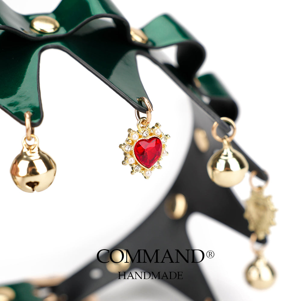 Christmas Emerald Jester Choker Green Leather with Red Heart Charms