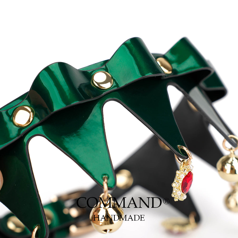 Christmas Emerald Jester Choker Green Leather with Red Heart Charms